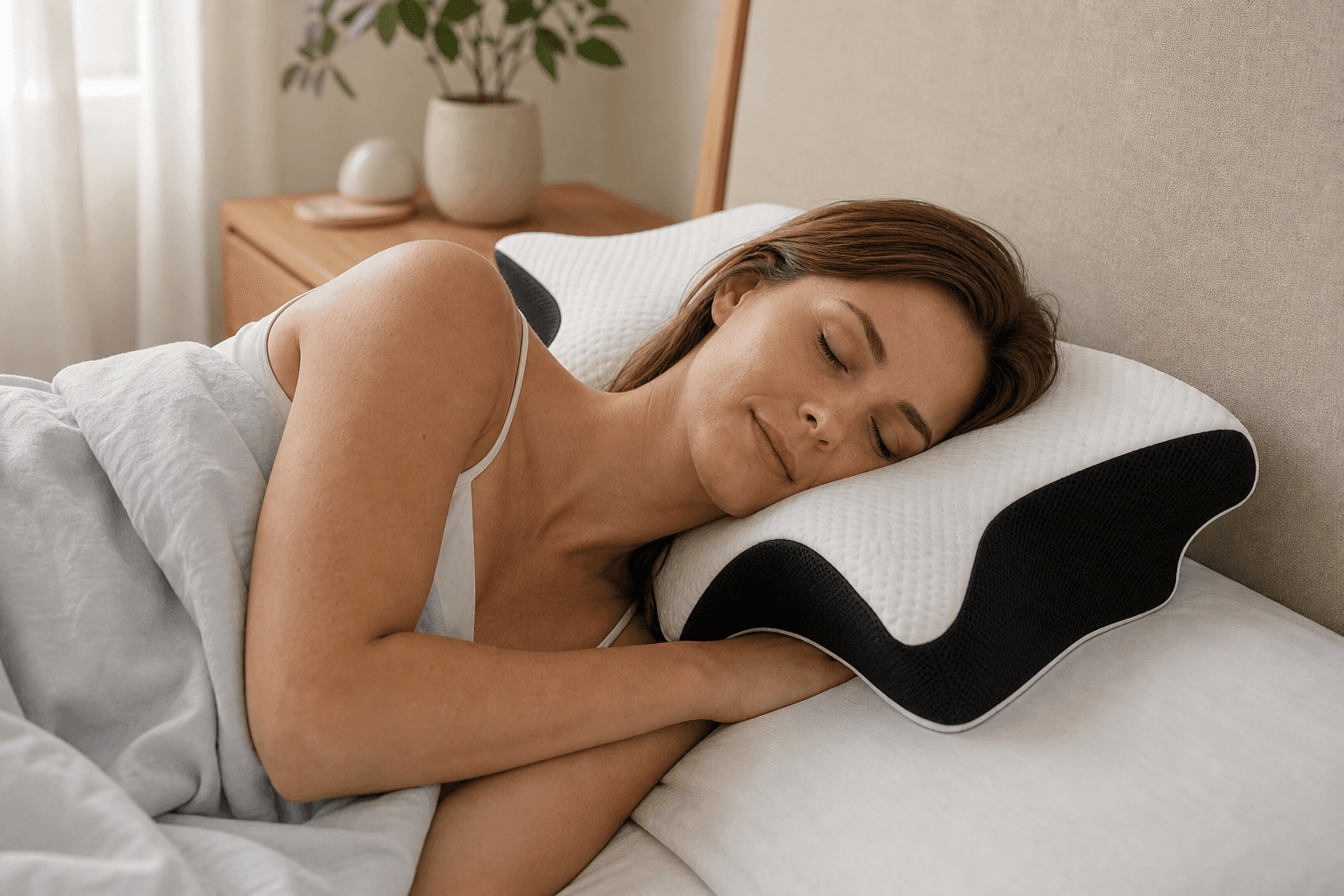 Kvinde, der sover på siden med ergonomisk memory foam-pude